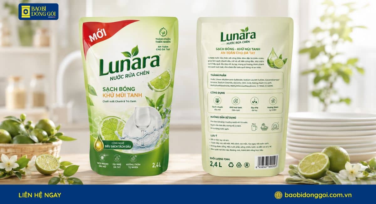 Mẫu túi refill nước rửa chén 2 mặt trước sau kết hợp đáy đứng không vòi