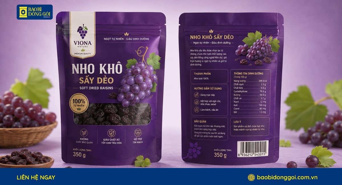 Mẫu túi zipper đựng nho sấy in theo yêu cầu 2 mặt trước sau
