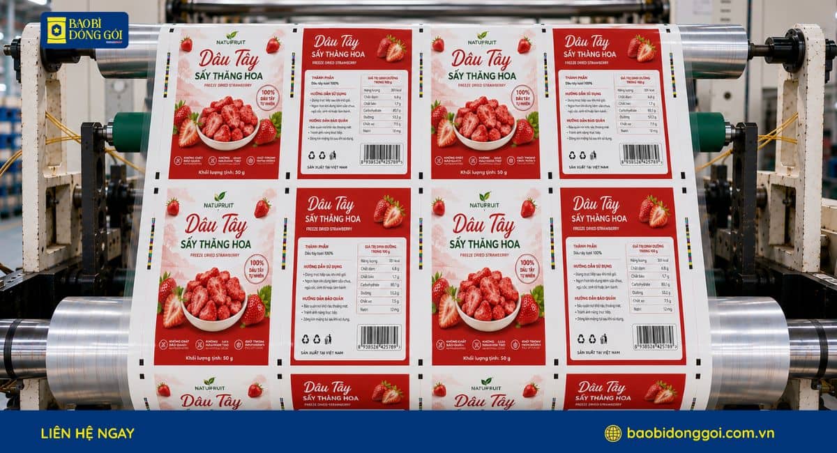 Mẫu bao bì dâu sấy thăng hoa trên trục in