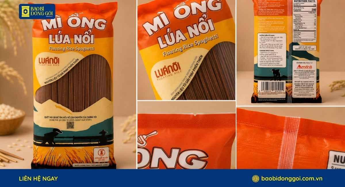 Cận cảnh bao bì đựng mì ống Lúa Nổi Amana