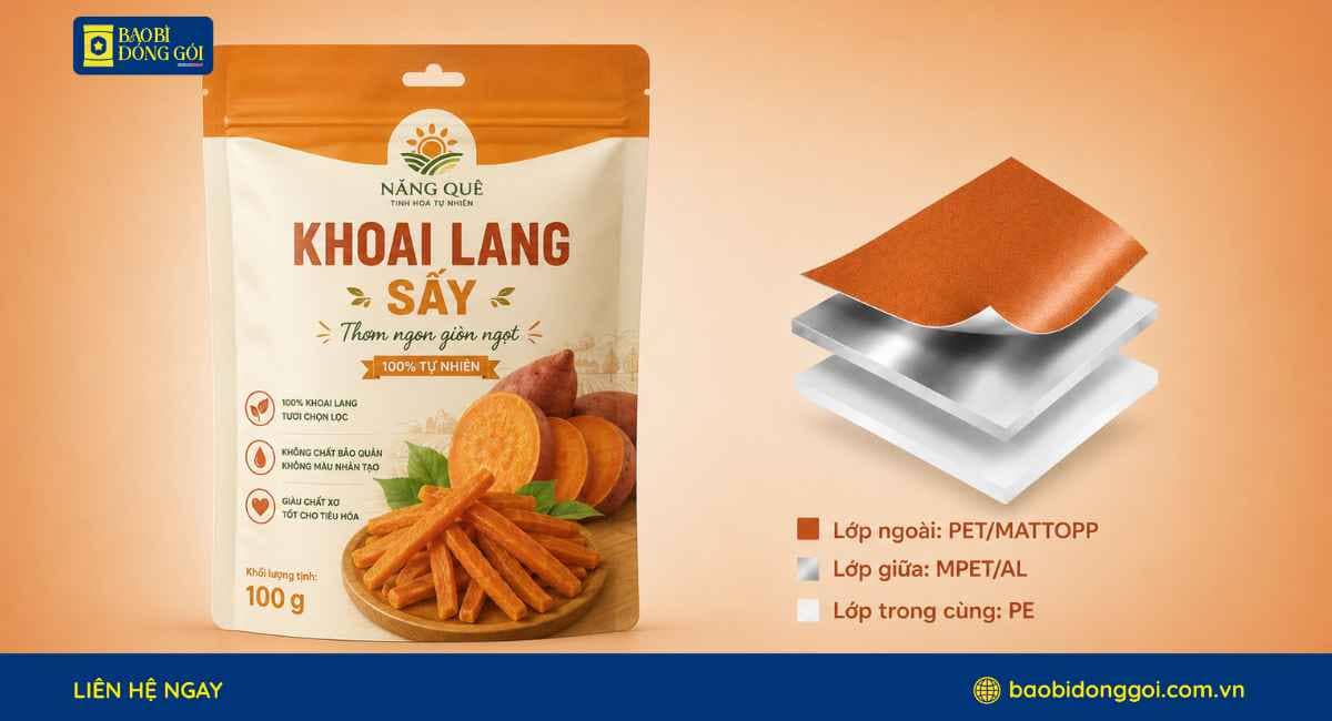 Cấu trúc màng ghép bao bì khoai lang sấy