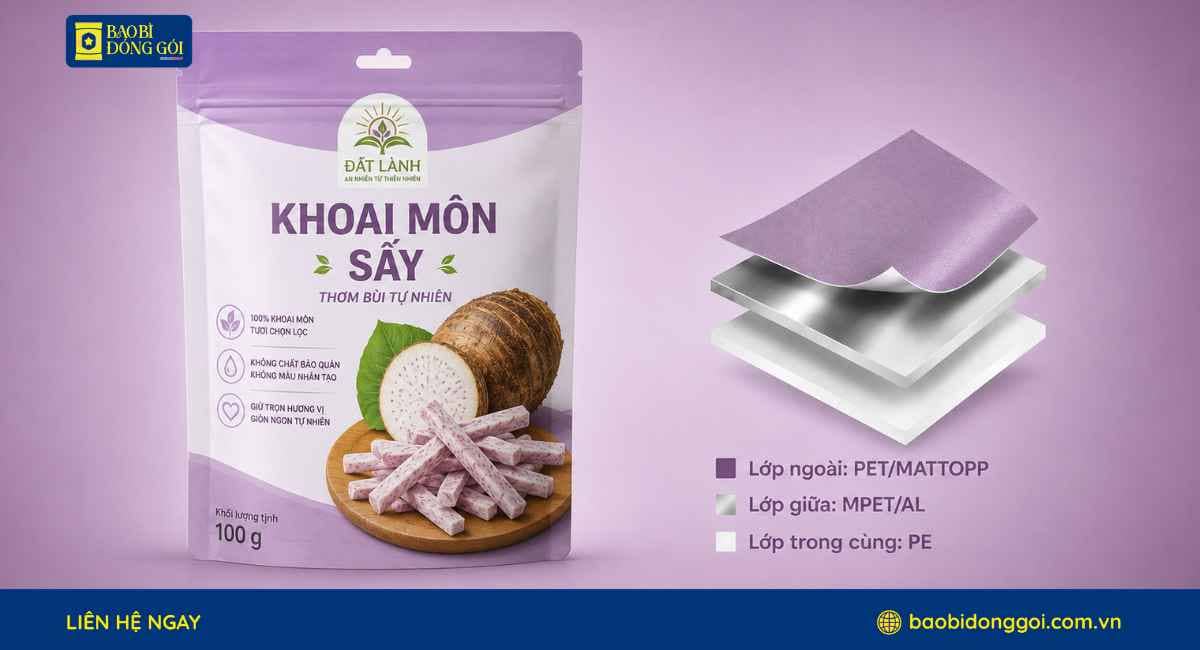 Cấu trúc màng 2 lớp 3 lớp bao bì khoai môn sấy