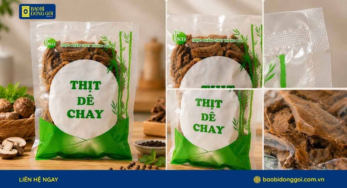 Cận cảnh túi hút chân không đựng thịt dê chay Khang Đức