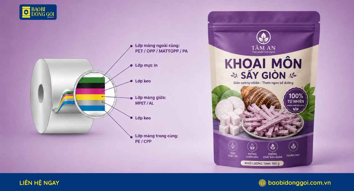 Công nghệ ghép dung môi bao bì khoai môn sấy tại Bao Bì Đóng Gói