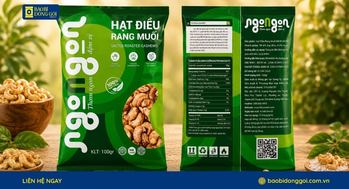 Hình ảnh thực tế bao bì hạt điều rang muối