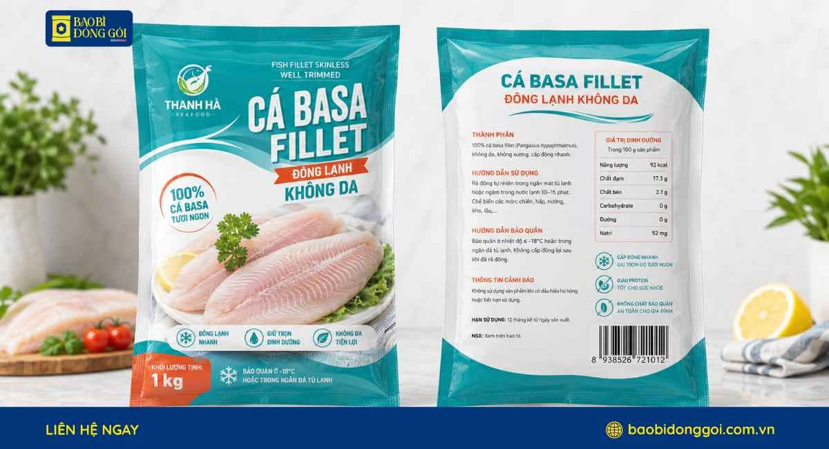 Mẫu bao bì cá basa 1kg in trục đồng 2 mặt trước sau đầy đủ thông tin của doanh nghiệp
