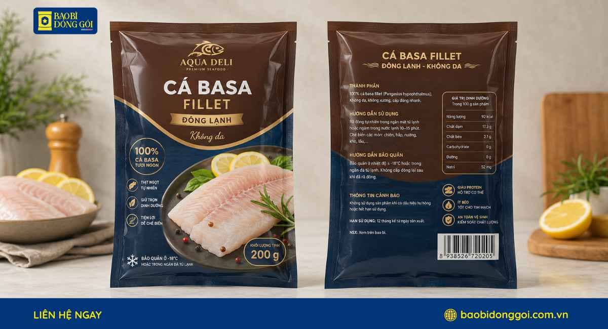 Mẫu bao bì cá basa 200g cao cấp phối màu sang trọng