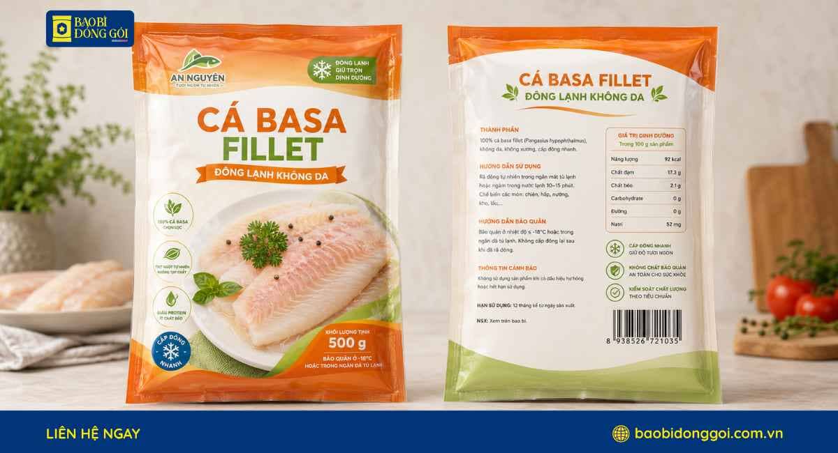 Mẫu bao bì cá basa 500g in trục đồng túi 3 biên