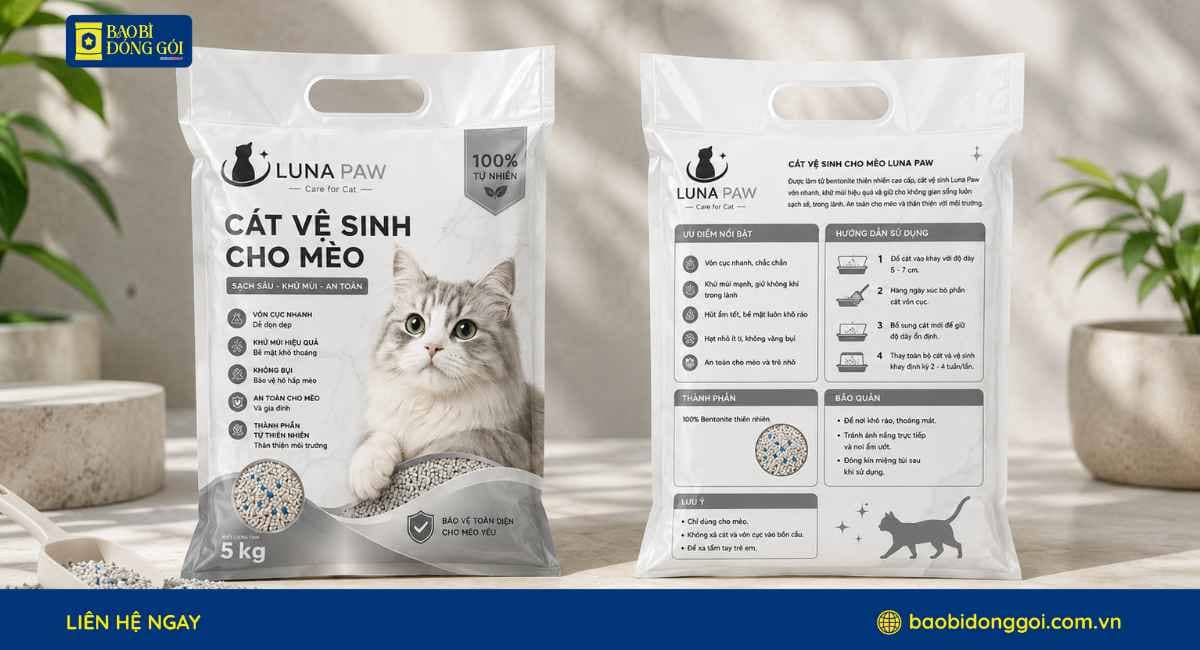 Mẫu bao bì cát mèo in theo yêu gia công thêm quai sách tiện lợi đạt tiêu chuẩn