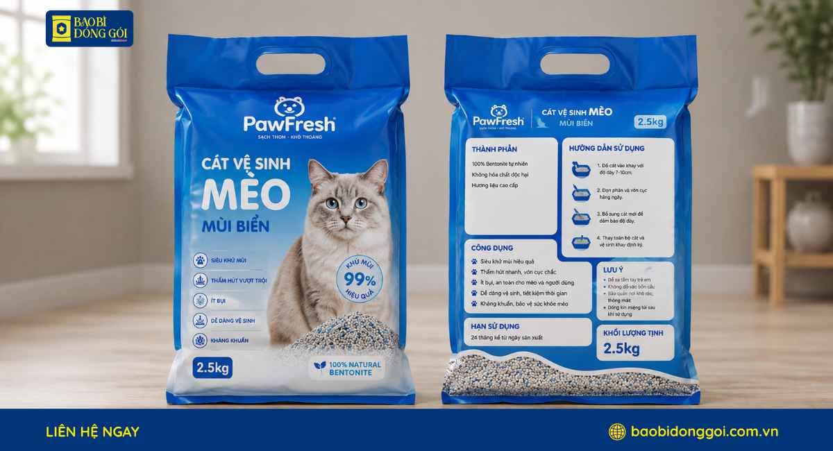 Mẫu bao bì cắt mèo in theo yêu cầu 2 mặt trước sau
