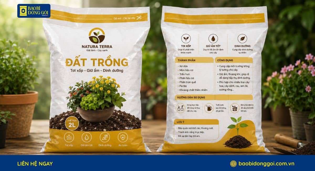 Mẫu bao bì đất trồng in thương hiệu rõ nét màu sắc bắt mắt trên kệ hàng
