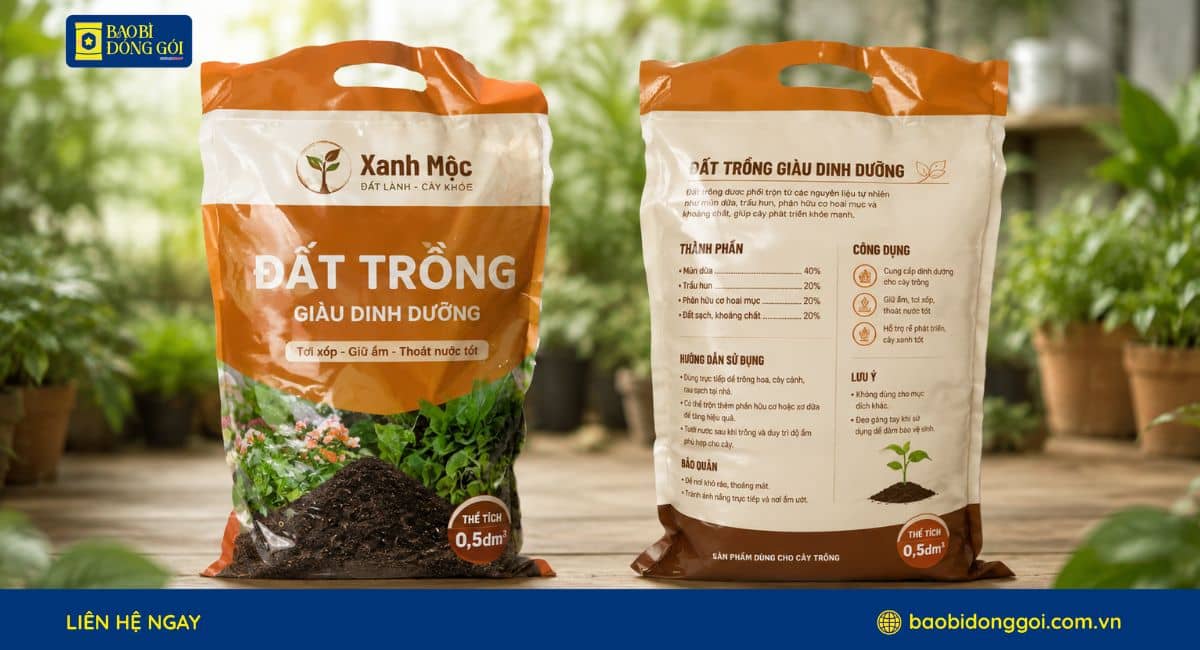 Mẫu bao bì đất trông in ấn đẹp 2 mặt trước sau rõ thông tin