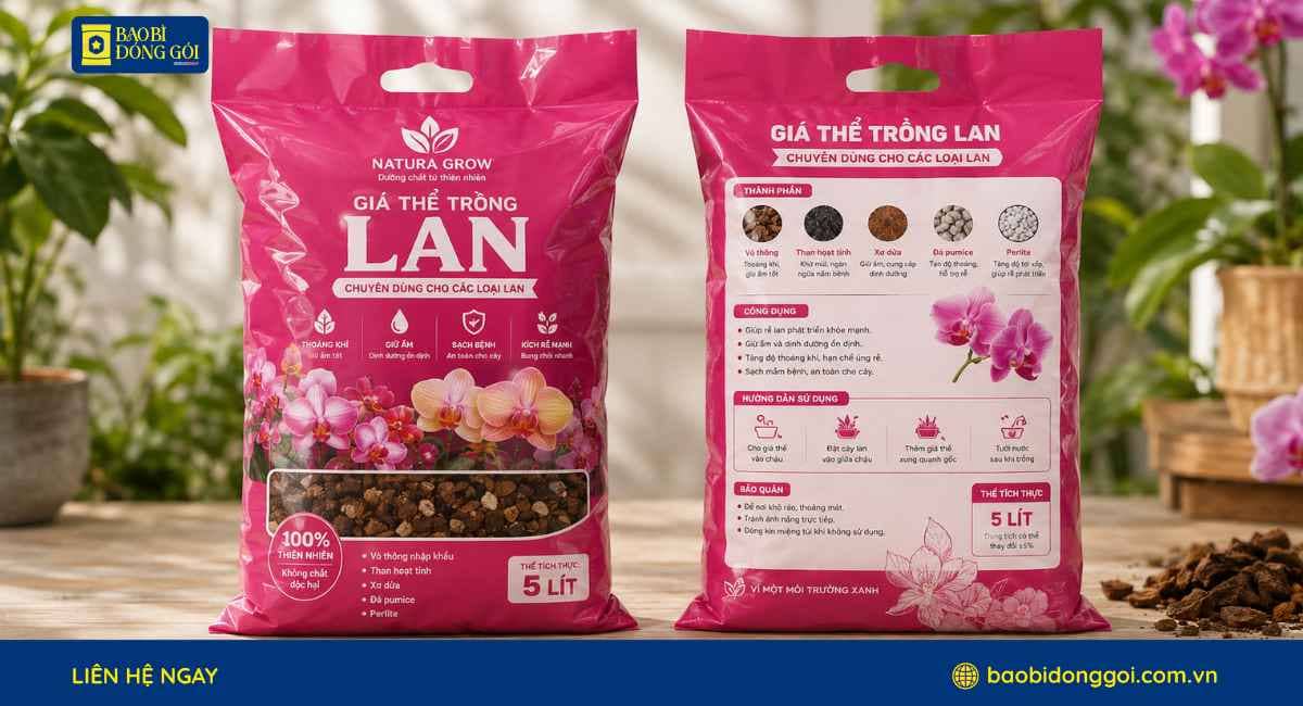 Mẫu bao bì đựng giá thể hoa lan in 2 mặt trước sau màu sắc nổi bật