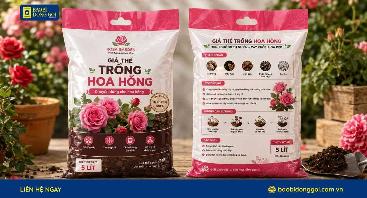Mẫu bao bì đựng giá thể trồng hoa  hồng in đầy đủ thông tin 2 mặt trước sau