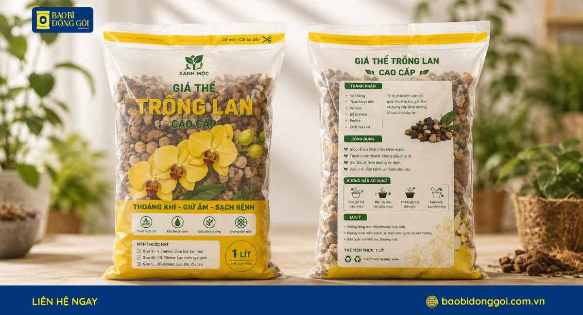Mẫu bao bì đựng giá thể trồng lan túi 3 biên