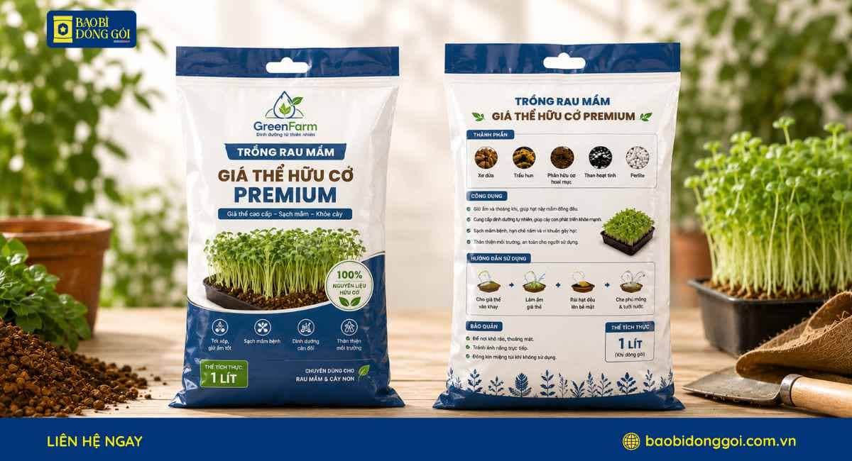 Mẫu bao bì giá thể trồng rau sạch có đục lỗ treo