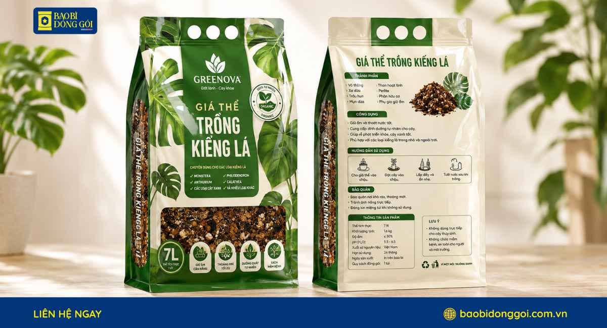 Mẫu bao bì đựng giá thể được in 2 mặt trước sau