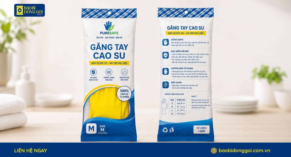 Mẫu bao bì găng tay gia dụng 2 mặt trước sau in đầy đủ thông tin