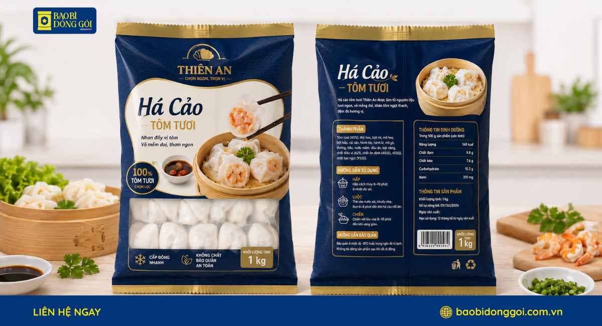 Mẫu bao bì há cảo 1kg in trục đồng 2 mặt trước sau
