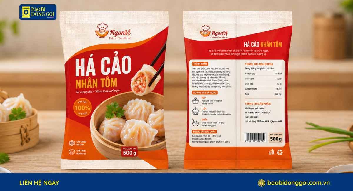 Mẫu bao bì há cảo dạng túi hàn lưng giữa
