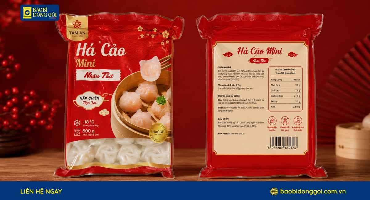 Mẫu bao bì há cảo hút chân không in trục đồng 2 mặt trước sau
