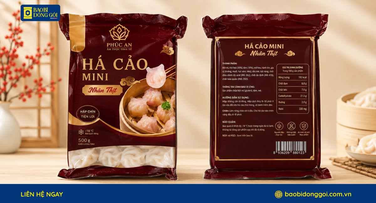 Mẫu bao bì há cảo in trục đồng 5 màu 2 mặt trước sau