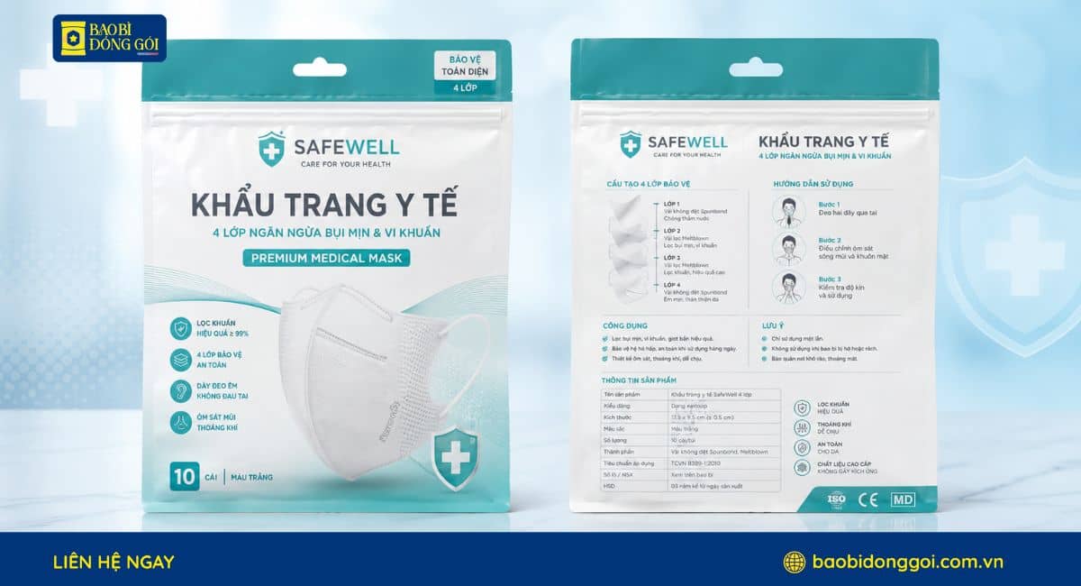 Mẫu bao bì khẩu trang y tế in theo yêu cầu gia công đục lỗ treo