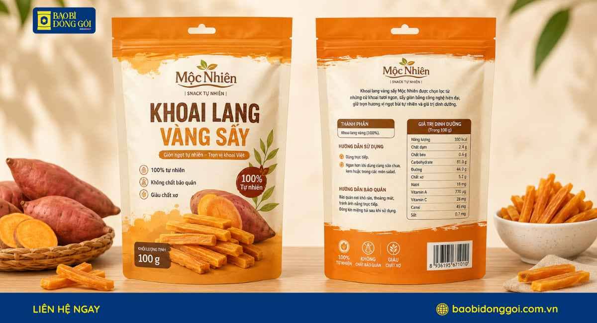 Mẫu bao bì khoai lang sấy 100g in trục đồng