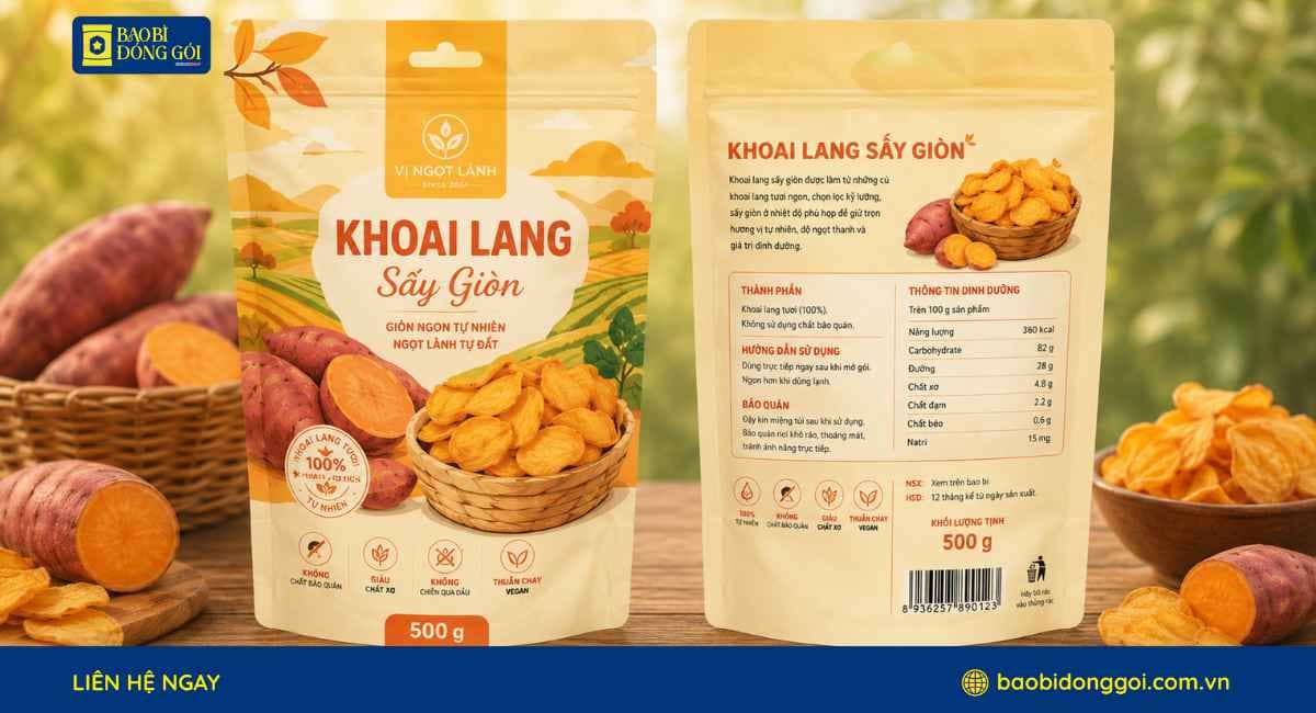 Mẫu bao bì khoai lang sấy 500g túi zipper đáy đứng in trục theo yêu cầu