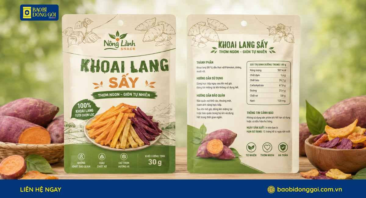 Mẫu bao bì khoai lang sấy túi 3 biên 2 mặt trước sau rõ nét