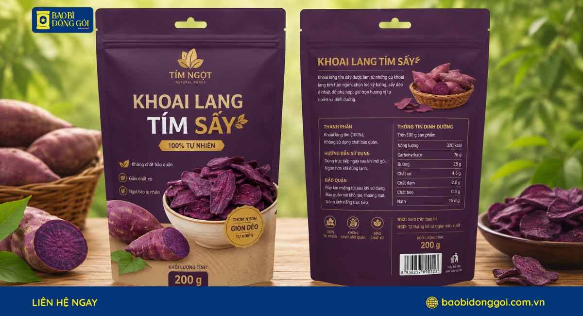 Mẫu bao bì khoai lang tím sấy in trục đồng có gia công lỗ treo