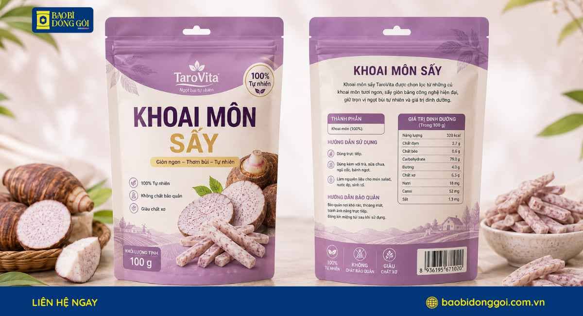Mẫu bao bì khoai môn sấy 100g zipper tiện lợi