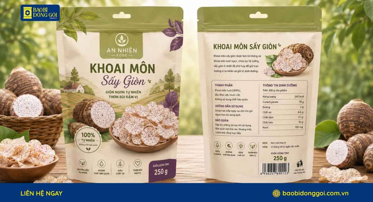 Mẫu bao bì khoai môn sấy 250g in theo yêu cầu 2 mặt trước sau rõ nét
