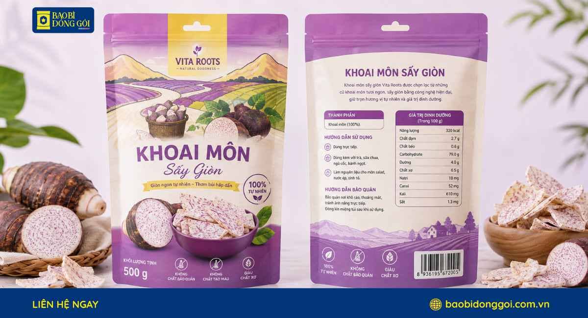 Mẫu bao bì khoai môn sấy đục lỗ treo túi 500g