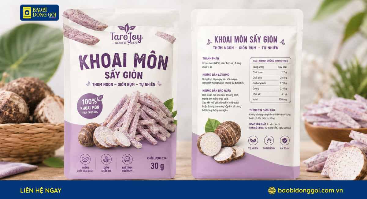 Mẫu bao bì khoai môn sấy túi 3 biên cho loại khoai môn ăn thử