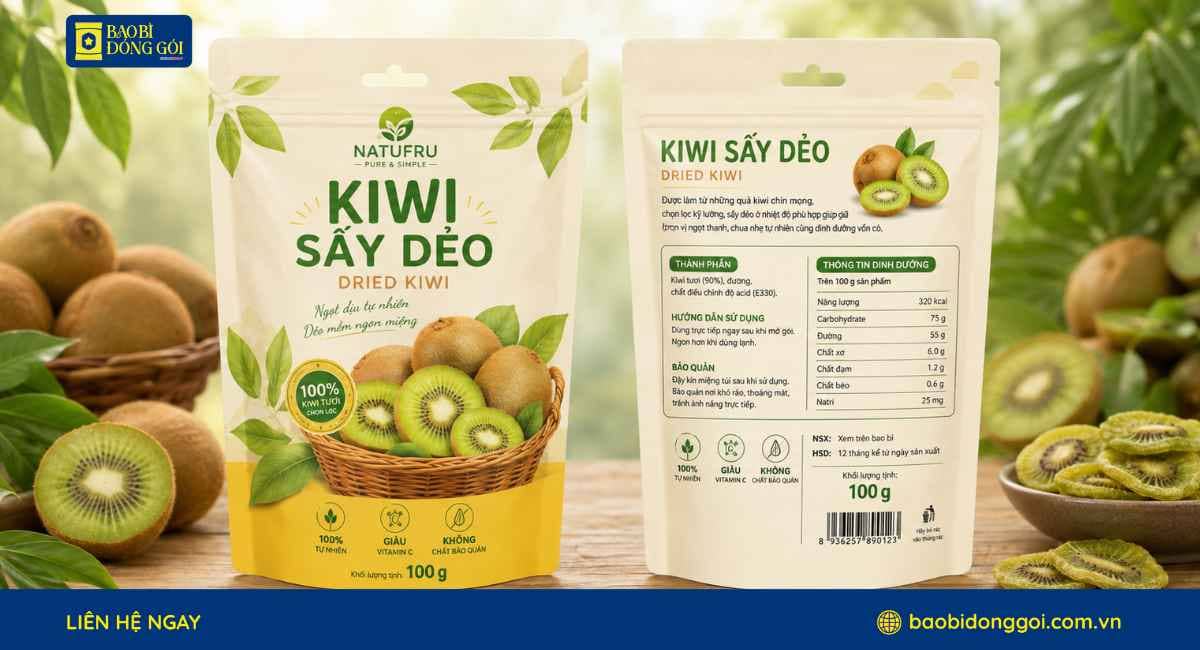 Bao bì túi đựng kiwi sấy dẻo 2 mặt trước sau có lỗ treo