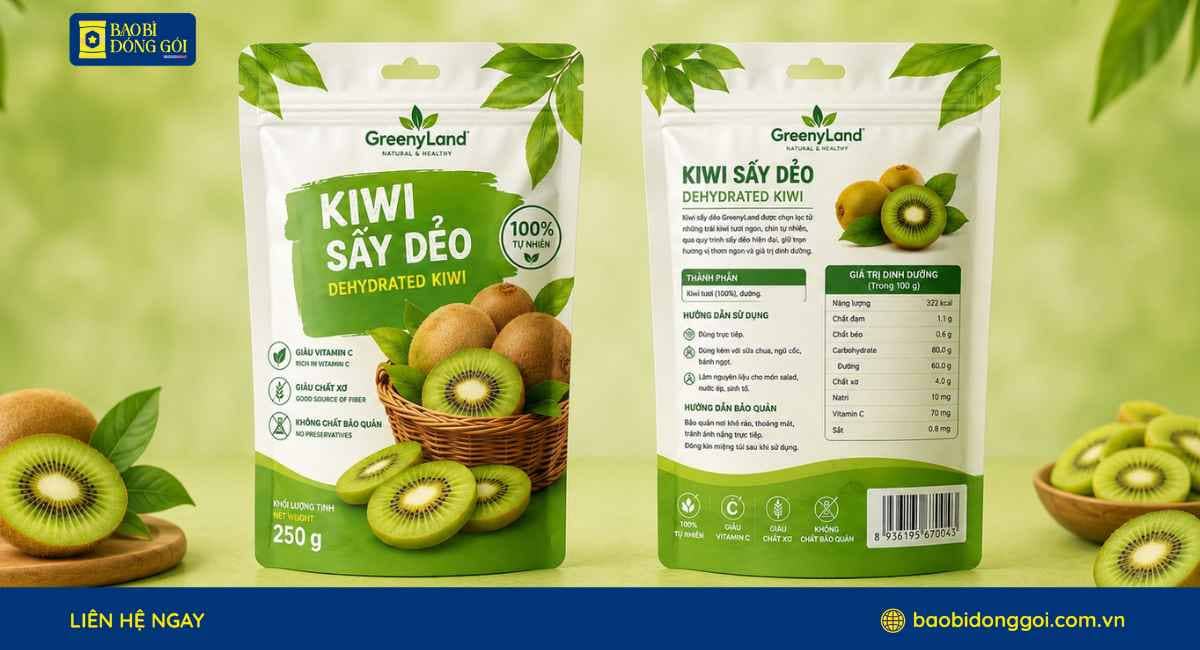 Mẫu bao bì kiwi sấy 250g túi zipper đáy đứng in trục đồng tăng nhận diện thương hiệu