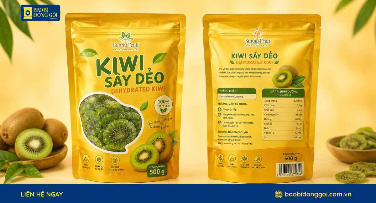 Mẫu bao bì kiwi sấy in logo thương hiệu túi lớn 500g