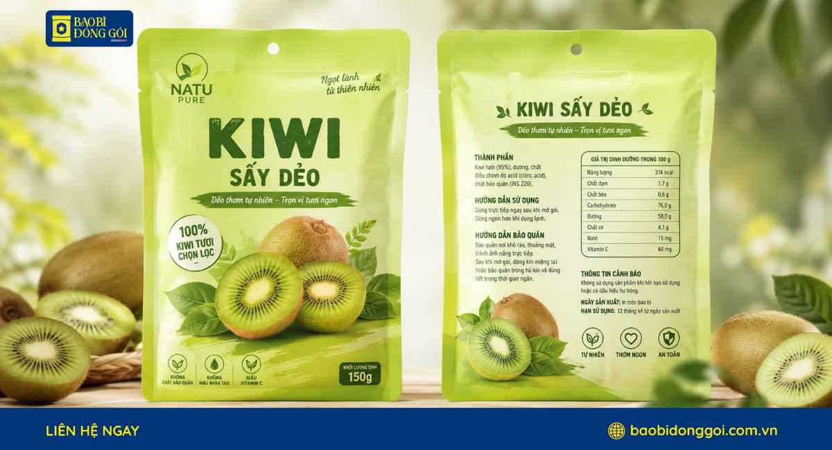Mẫu bao bì kiwi sấy túi 3 biên ghép dung môi các lớp bền chắc