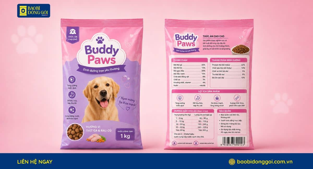 Mẫu bao bì thức ăn cho cún loại túi 1 ký in 2 mặt trước sau đơn giản tăng độ nhận diện thương hiệu