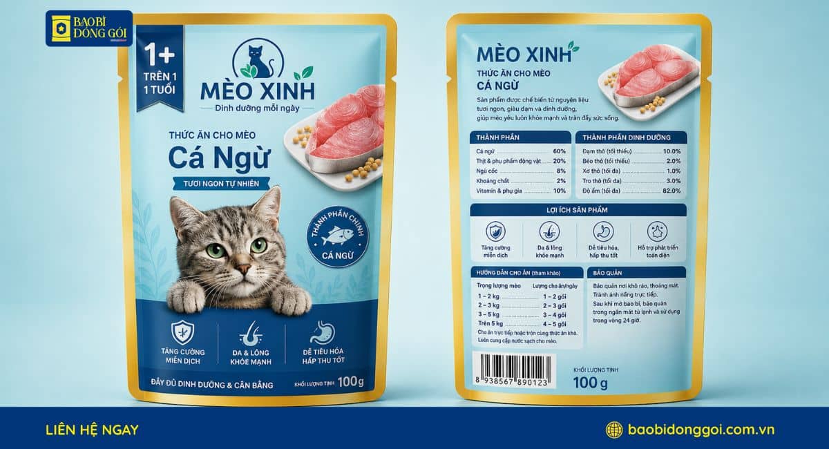 Mẫu bao bì đựng loại cá ngừ cho mèo in theo yêu cầu đầy đủ thông tin 2 mặt trước sau