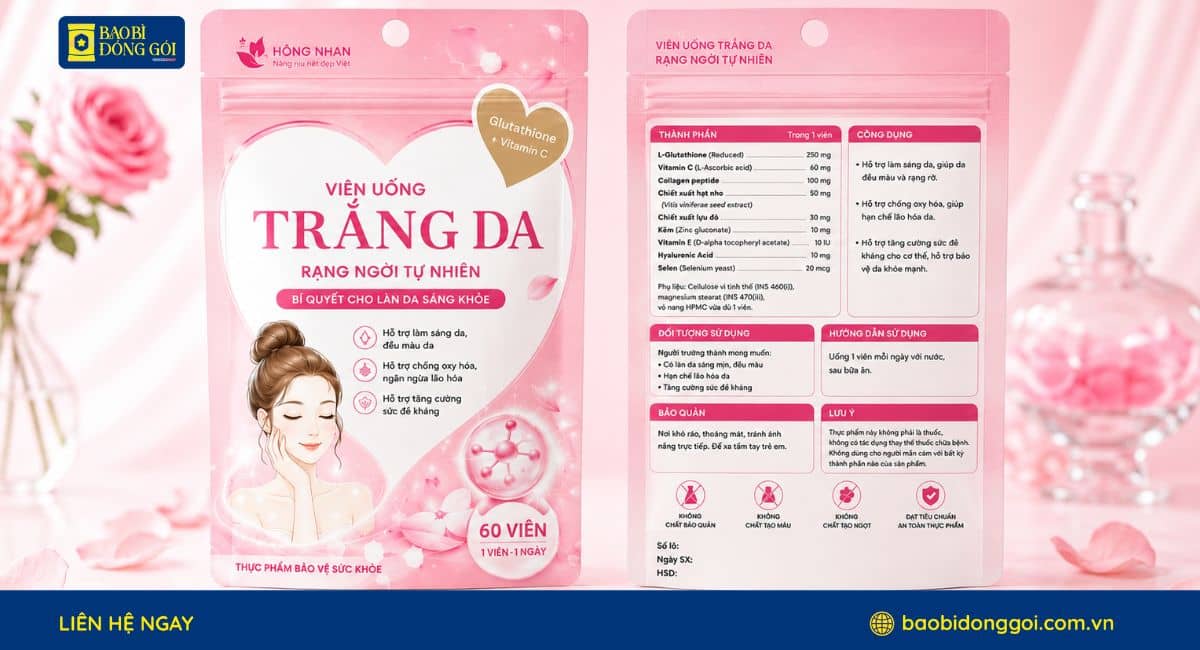Mẫu bao bì thực phẩm chức năng viên uống trắng da