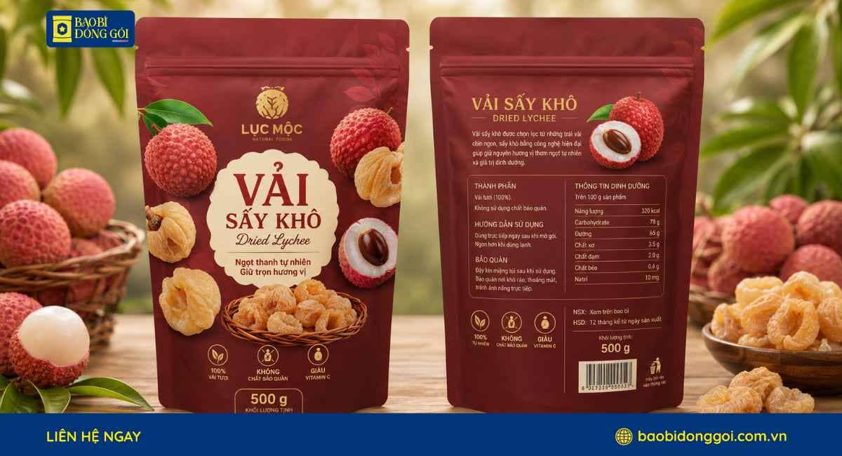 Mẫu bao bì vải sấy khô 500g 3 lớp in trục đồng