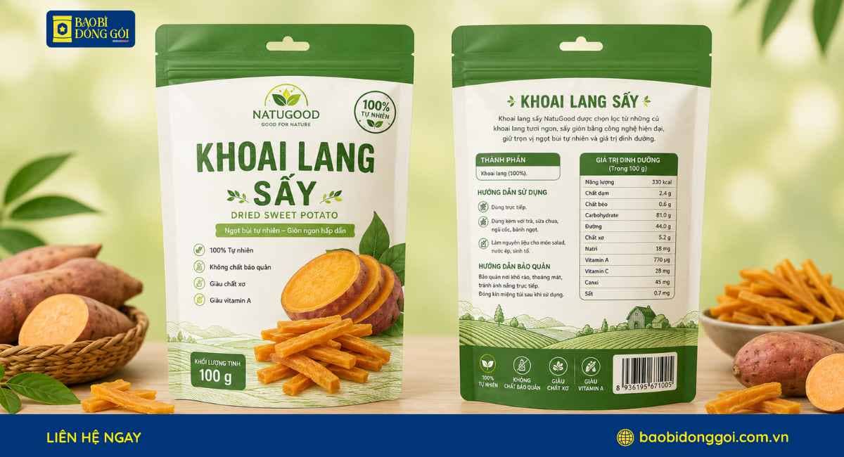Mẫu túi zipper đựng khoai lang sấy in trục đồng 2 mặt trước sau