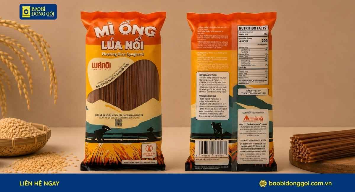 Thành phẩm bao bì đựng mì ống Lúa Nổi 2 mặt trước sau