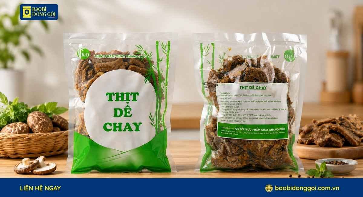 Thành phẩm túi hút chân không thịt dê chay in 2 mặt trước sau