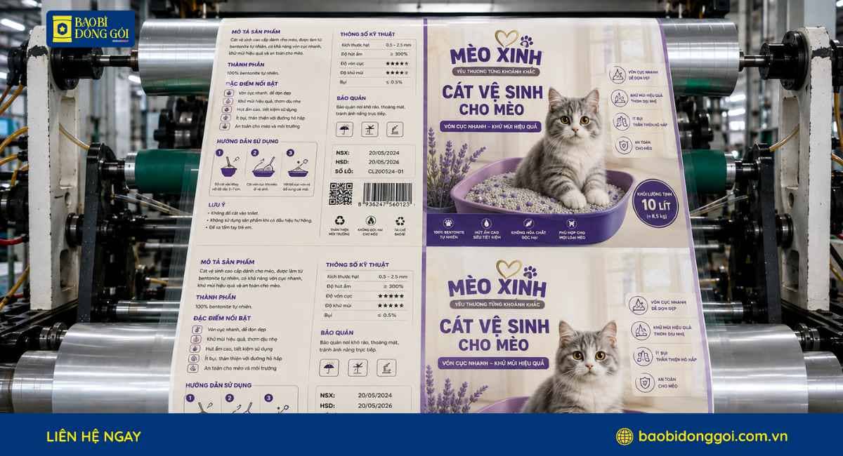 Hình ảnh nhà xưởng đang sản xuất in ấn bao bì cát mèo