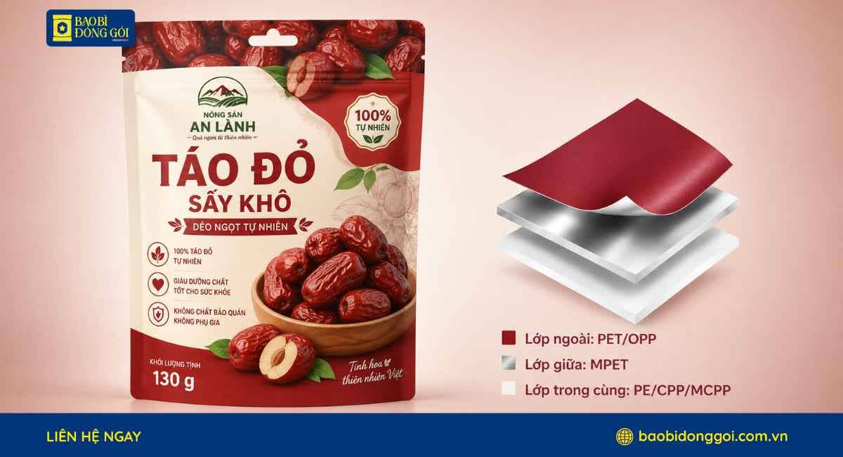 Cấu trúc màng 2 lớp 3 lớp bao bì đựng táo đỏ sấy