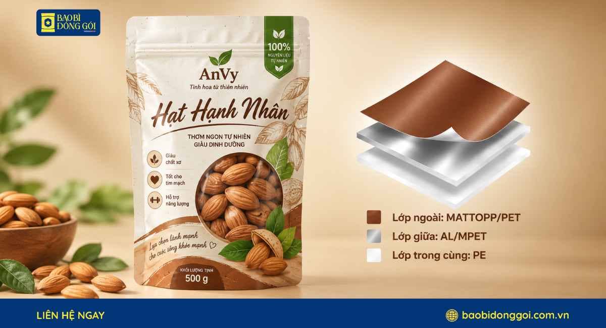 Cấu trúc màng ghép bao bì hạnh nhân 2 lớp 3 lớp