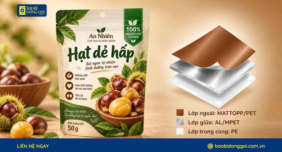 Cấu trúc màng ghép bao bì hạt dẻ 2 lớp 3 lớp